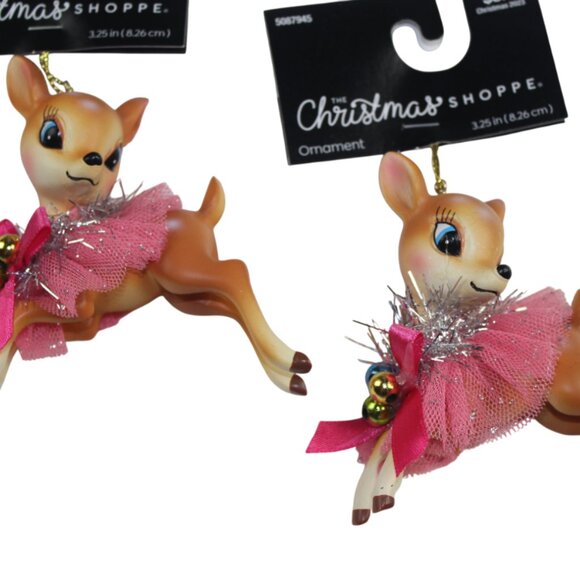 Christmas Shoppe Ornaments Reindeer Tutu Retro Style Set Deer Pink Bow NWT - Picture 1 of 5